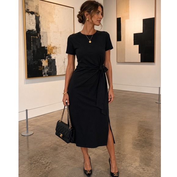 Rachel Zoe Dresses & Skirts - Rachel Zoe Midi Column Dress M Black Side Tie Ruched Minimalist Quiet Luxury